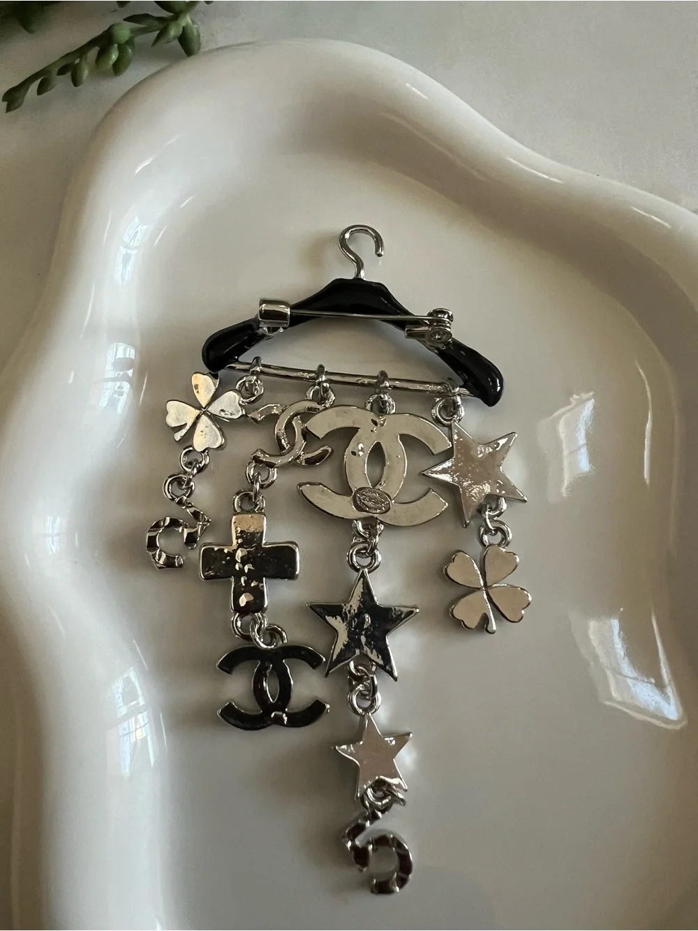 CHANEL Silver-Tone CC Charm Brooch with Black, Green & Red Accents